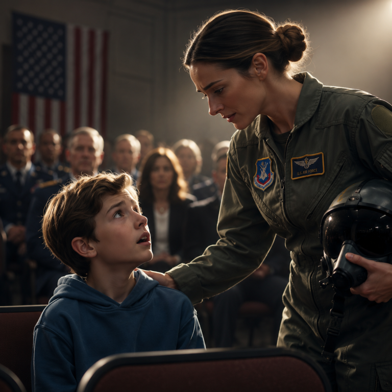 “My mom flies an F-22 fighter jet.” The classroom exploded in laughter the second I said it. My teacher smirked like he’d just caught me in a lie, my classmates whispered “fraud” under their breath, and I stood there holding a photograph of my mother while wishing the floor would swallow me whole. But a few hours later, when the auditorium doors opened during the Heroes’ Week assembly, nobody was laughing anymore.