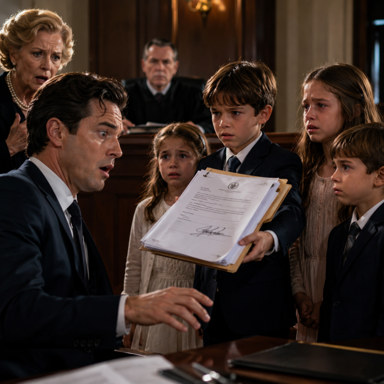 My Billionaire Husband Swore Under Oath That We Had No Children, While His Mother Smiled Behind Him. Then The Courtroom Doors Opened—and Four Children Walked In Carrying A Folder With His Signature On It.