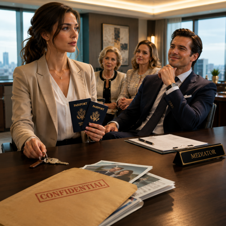 Eight minutes after our divorce was finalized, Bradley smiled like I had lost everything. He tossed the pen onto the mediator’s desk and said, “There’s nothing to divide.” His family was already at a private clinic, waiting to celebrate the ultrasound of the woman he chose over us. So I placed the penthouse keys beside the paperwork, pulled two passports from my purse, and said, “You’re right. I won’t interfere with your new life.” But the folder waiting in the car told a very different story.
