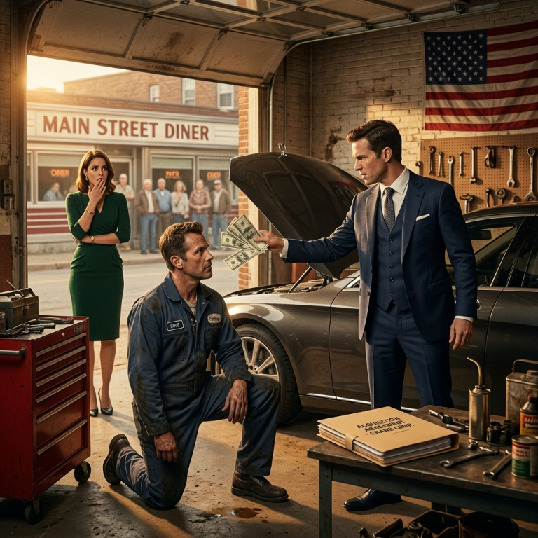 The Rich Man Threw a Stack of Cash in My Face and Said “Fix the Car and Get Lost, You Broke Nobody.” I’m a Small-Town Mechanic. The Next Morning His Entire Corporation Got a Takeover Order From a Mysterious Shareholder Named Cole.