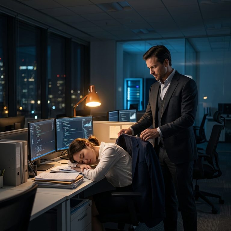 A businessman drapes his suit jacket over a woman asleep at her office desk at night