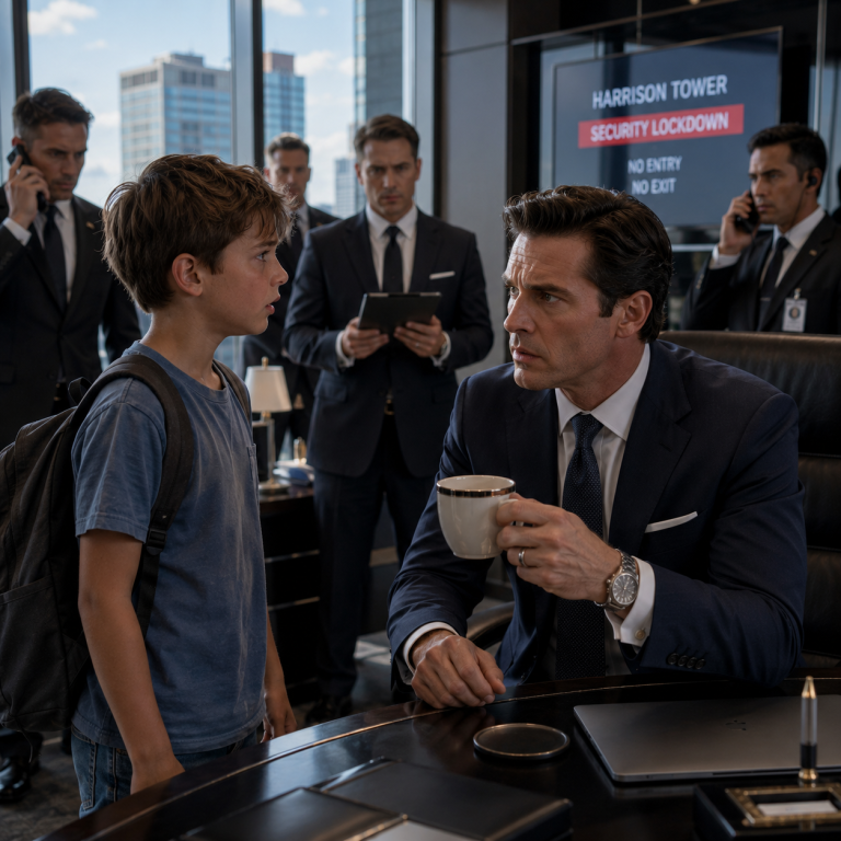 A Billionaire CEO Was About to Take His Morning Coffee… Until a Young Boy Quietly Said Four Words That Stopped Him Cold. Within Minutes, His Entire Headquarters Was Under Lockdown.