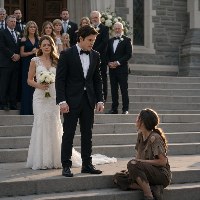 The bride and groom had just stepped onto the church stairs when a ragged woman blocked their path.